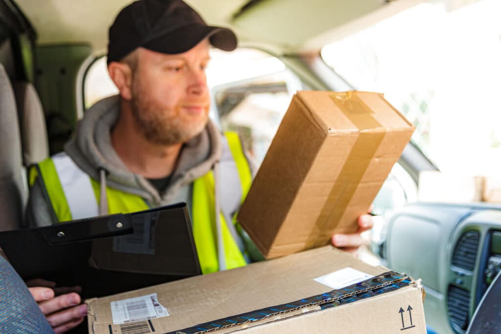 EdgeLine Logistics driver reviewing a delivery manifest while handling a package inside the cargo van