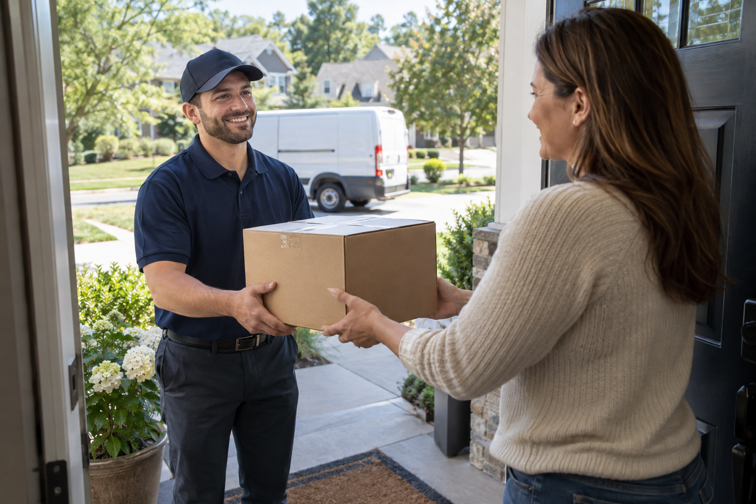 EdgeLine Logistics driver handing a package to a customer at their front door